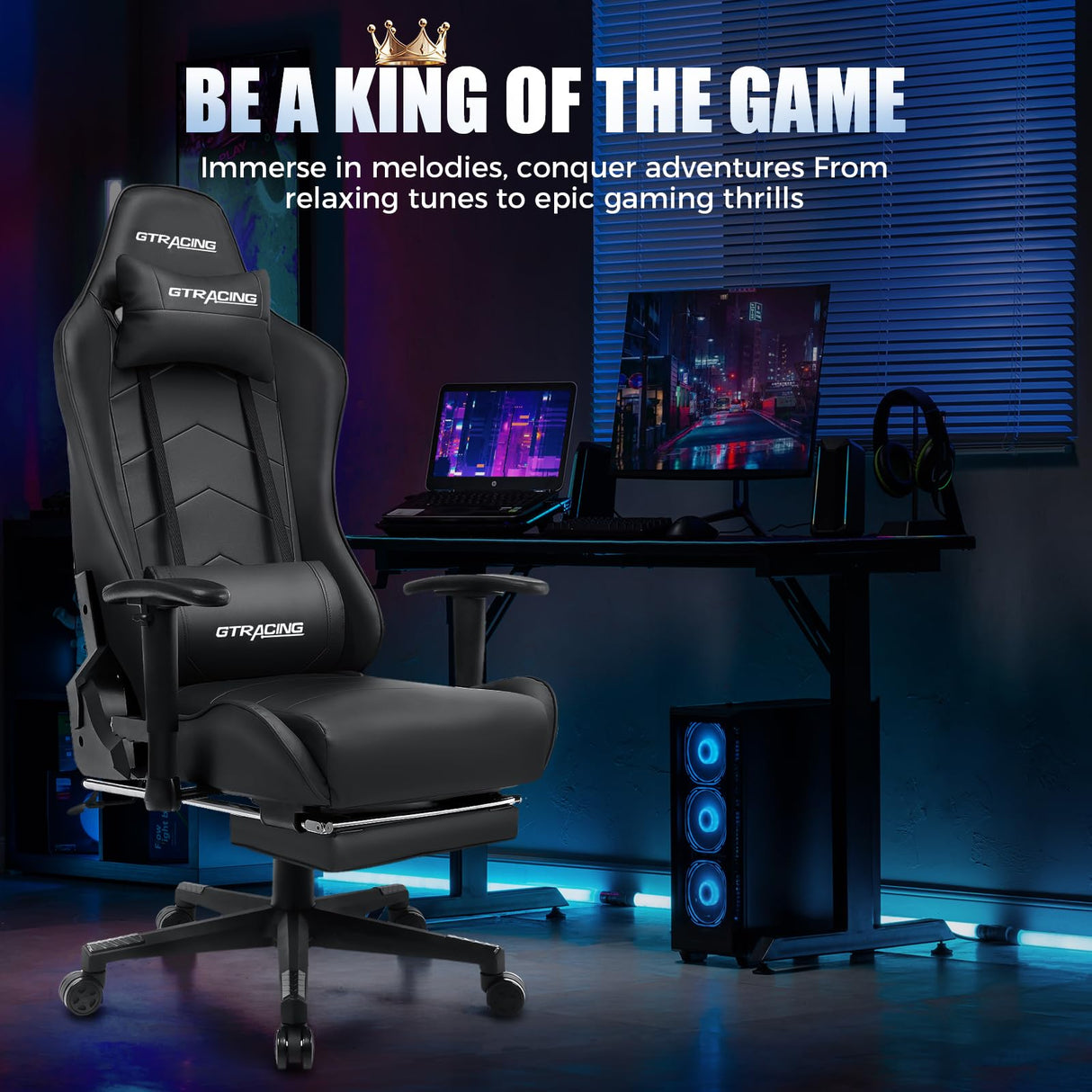 GTRACING Gaming Chair with Footrest, Racing Style Computer Chair for Adult, Adjustable Reclining Backrest and Lumbar Support, Stylish High Back Chair for Gaming and Office (Black) GTRACING