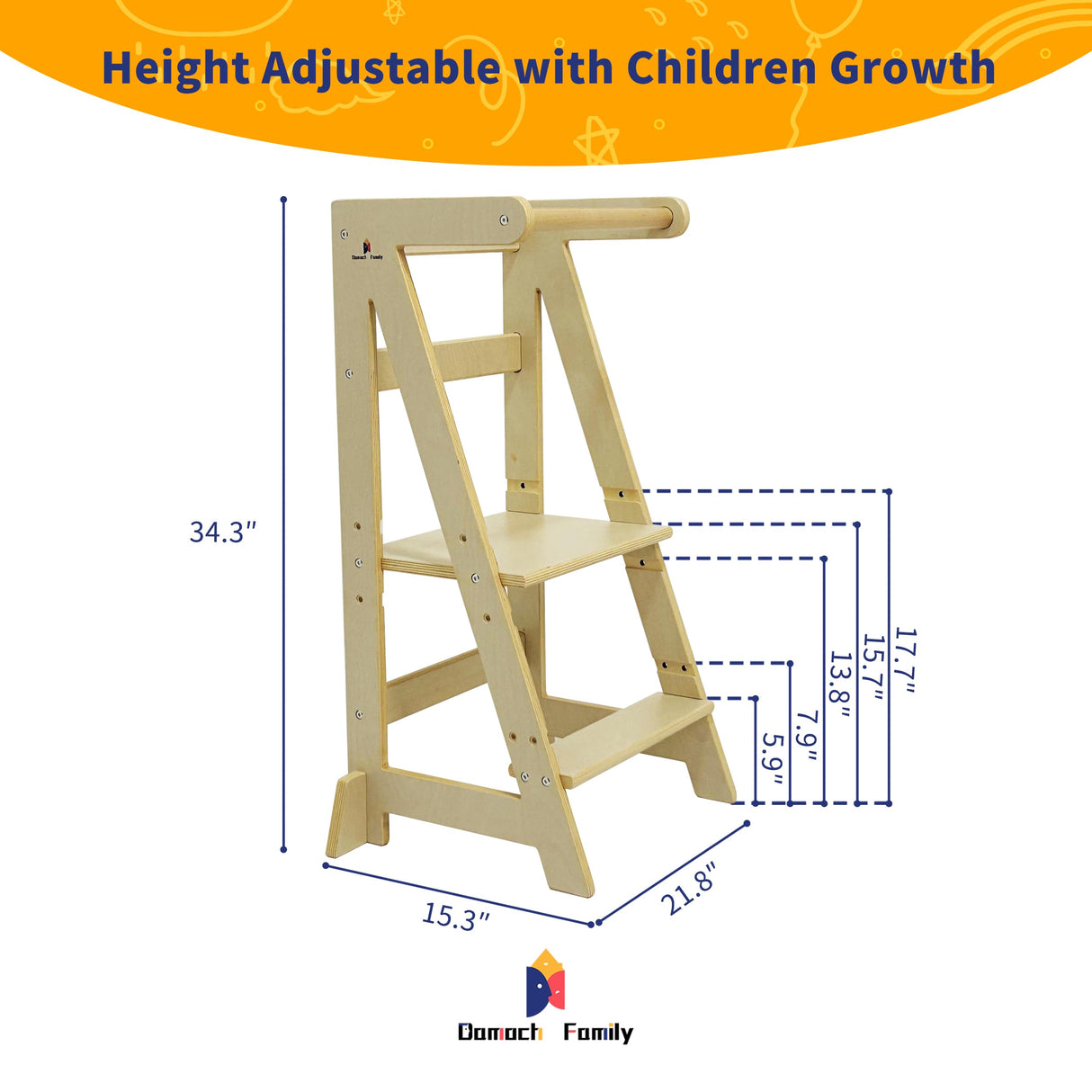 Damoch Family™ Wooden Kids Learning Tower, Adjustable Toddler Kitchen Step Stool, Montessori Kitchen Tower with Safety Rail Damoch Family