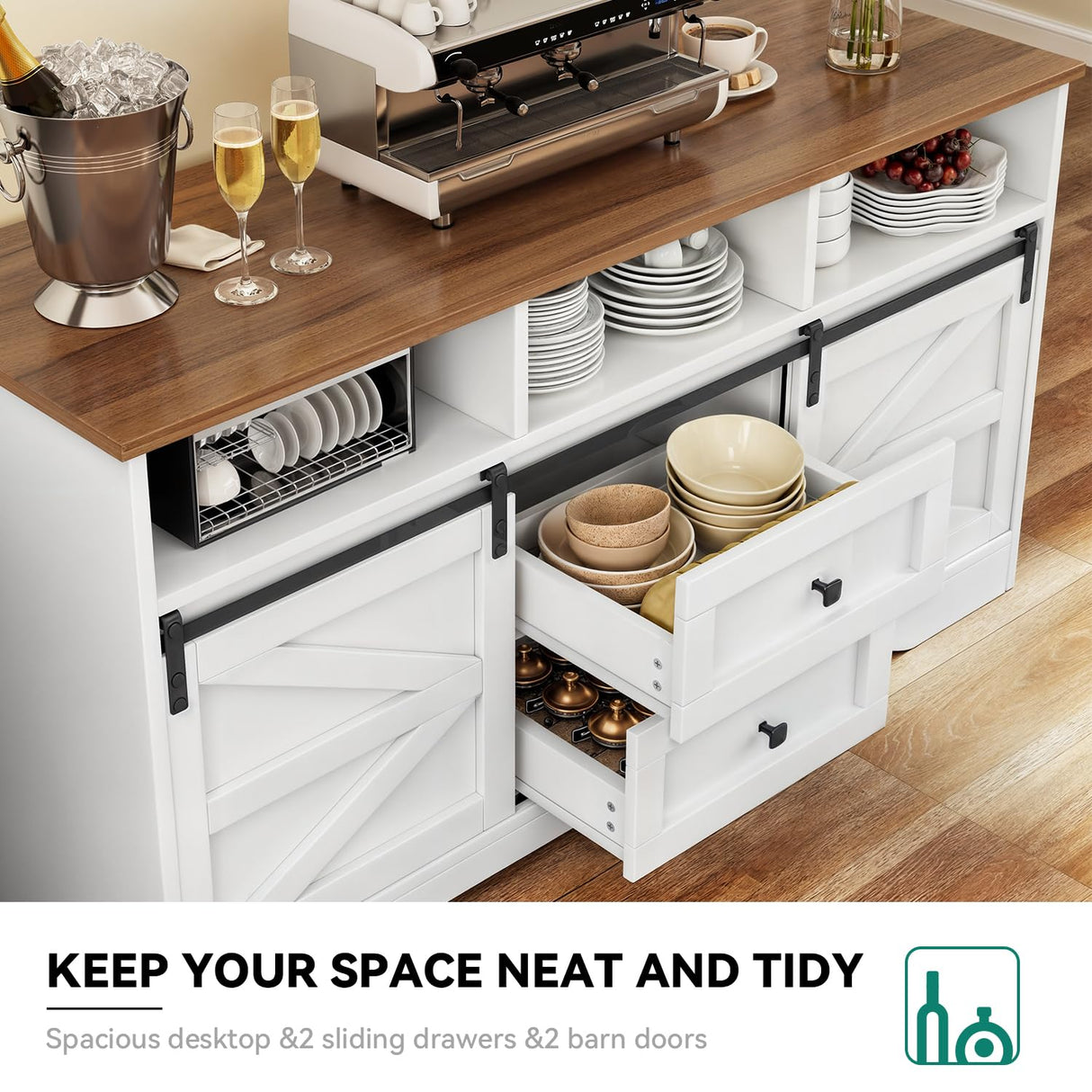 YITAHOME Large Buffet Sideboard Cabinet, 59" Farmhouse Buffet Cabinet with Drawers & Sliding Doors, Storage Cabinet for Kitchen, Living Room (White) YITAHOME