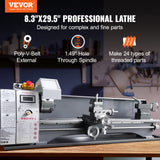 VEVOR Metal Lathe, 8.3'' x 29.5' Benchtop Metal Lathe 0-2500 RPM Continuously Variable Speed 750W Brushless Motor Metal Gears with LCD Display Metal Lathe Machine VEVOR