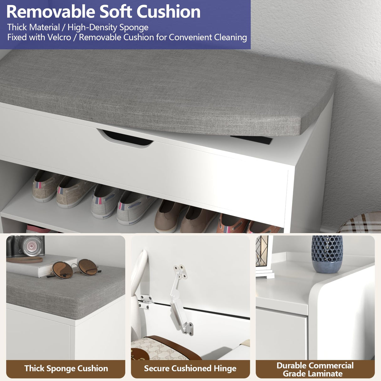 Gyfimoie Shoe Storage Bench, Farmhouse Entryway Bench with Drawer, 2-Tier Shoe Bench with Seat Cushion & Lift Top Storage Box, Slim Shoe Cabinet Bench for Entryway, Living Room, Bedroom (White) Gyfimoie