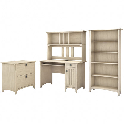 Bush Furniture Salinas Mission Desk with Hutch, Lateral File Cabinet and 5 Shelf Bookcase in Antique White - WoodArtSupply