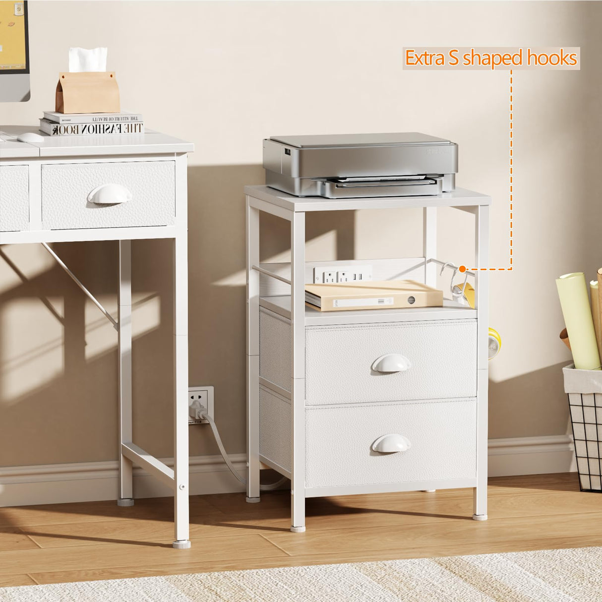 Furologee Nightstands Set of 2, Night Stands with Charging Station, Side Tables with 2 Fabric Drawers, End Tables with Storage Shelves, for Bedroom, White Furologee