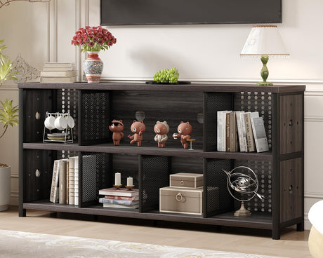 LVB Industrial Horizontal Bookcase, Rustic Wood 4 5 6 7 8 Cube Bookshelf, Modern Wide Long Low Book Shelf, Vintage Large Open Cube Storage Organizer for Office Bedroom Living Room, Dark Gray Oak 63 In LVB