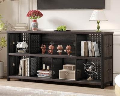 LVB Industrial Horizontal Bookcase, Rustic Wood 4 5 6 7 8 Cube Bookshelf, Modern Wide Long Low Book Shelf, Vintage Large Open Cube Storage Organizer for Office Bedroom Living Room, Dark Gray Oak 63 In