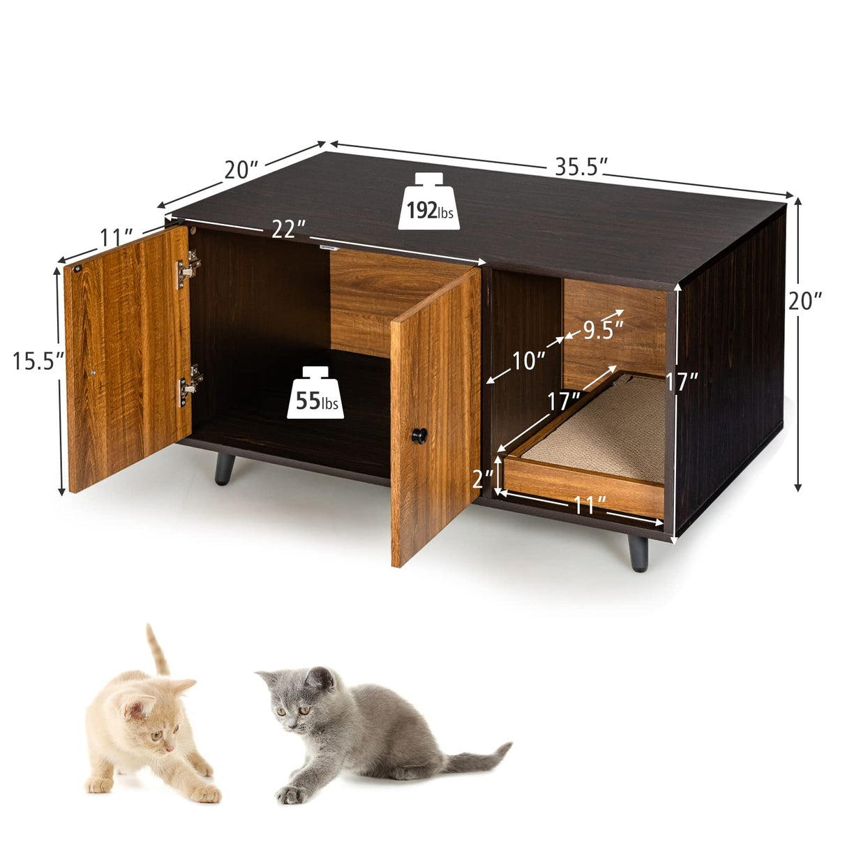 PETSITE Cat Litter Box Enclosure, Wooden Litter Box Cabinet with Divider, Scratching Pad & Metal Legs, Litterbox Enclosure Furniture with Double Doors, Hidden Litter Box, 35.5 x 20 x 20 inch PETSITE