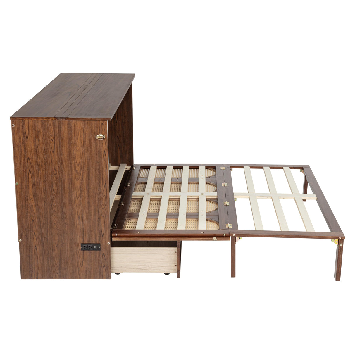 DNChuan Queen Size Murphy Cabinet Bed with Storage Drawer and Charging Station, Foldable Dresser Platform Bed with Oval Rattan Decoration Panel, Space Saving, Walnut DNChuan