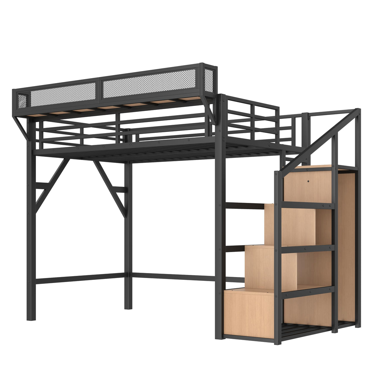 Bellemave Twin XL loft Bed with Storage Stairs, Wardrobe, Shelves, Metal Twin XL Size Loft Bed Frame for Adults, Kids, Teens, Black+Natural Wood Bellemave