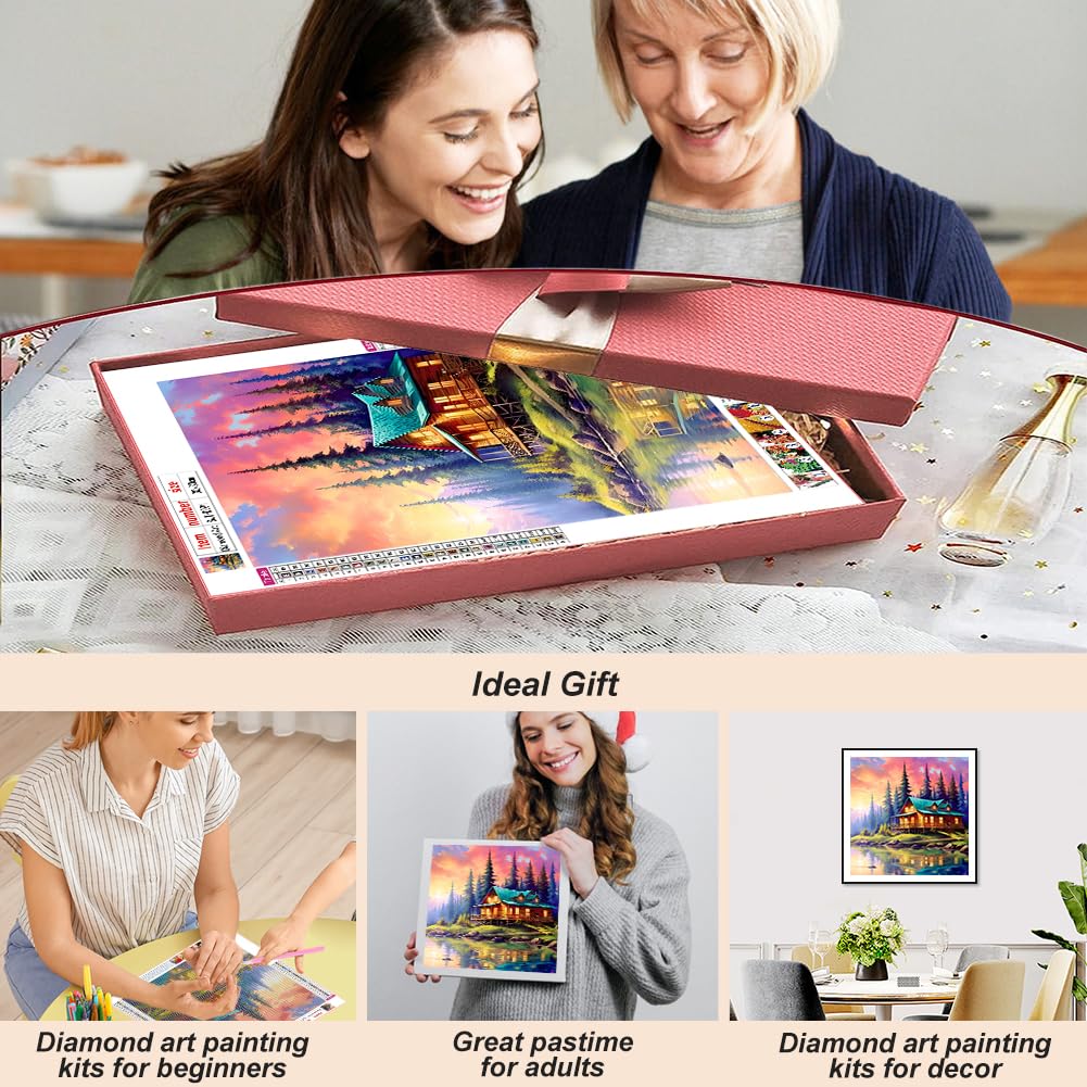 SJUTOUCI Diamond Painting Kits for Adults, Landscape Diamond Art Kits for Beginners, 5D DIY Full Drill Gem Craft Art for Home Decor 12x12 inch, Cabin by The Lake SJUTOUCI