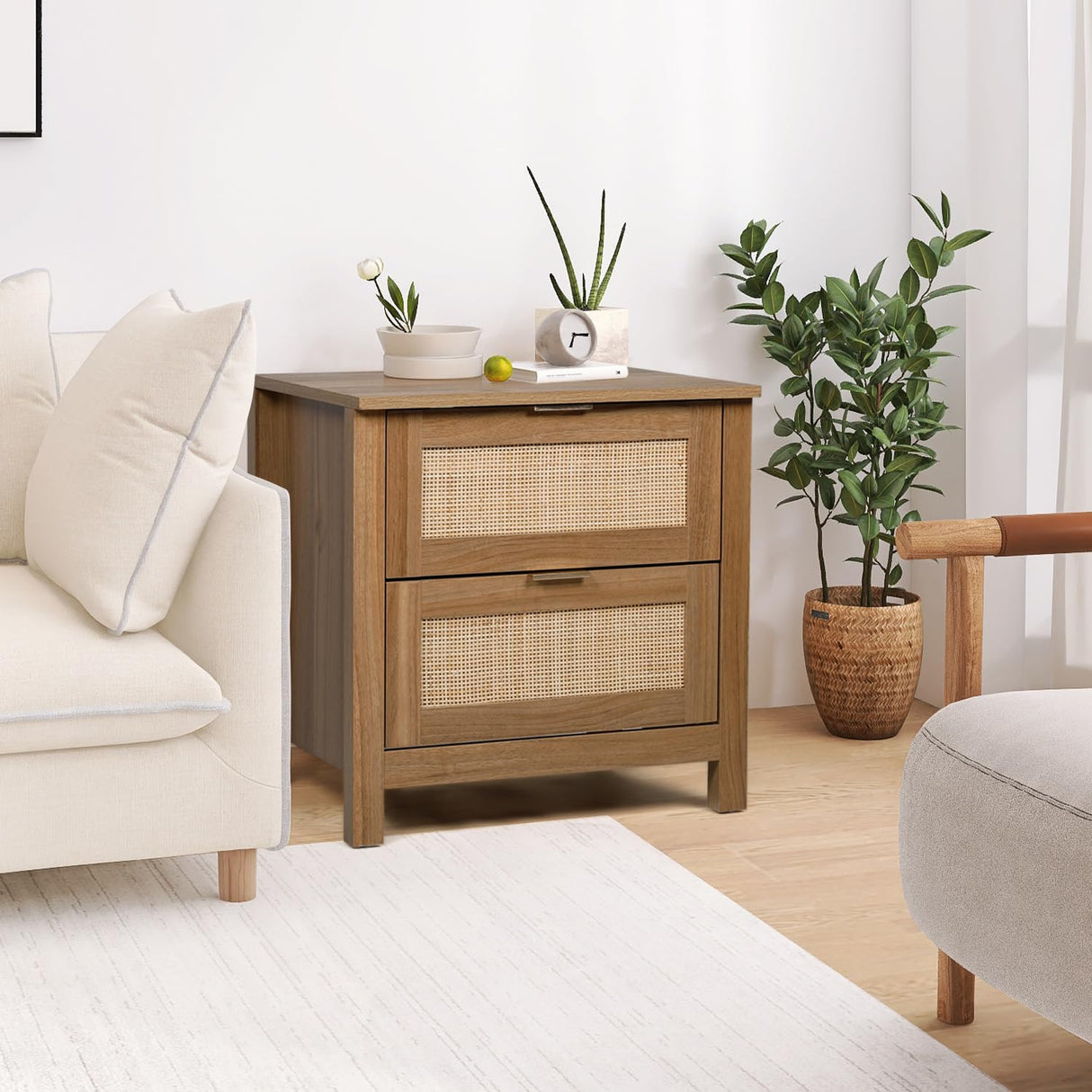 AILEEKISS Night Stand Set of 2 Rattan Nightstands with Wireless Charging Station, Wood Accent Bed Side End Tables with 2 Rattan Drawers, Modern Bedside Stand for Bedroom, Living Room (Natural Oak) AILEEKISS