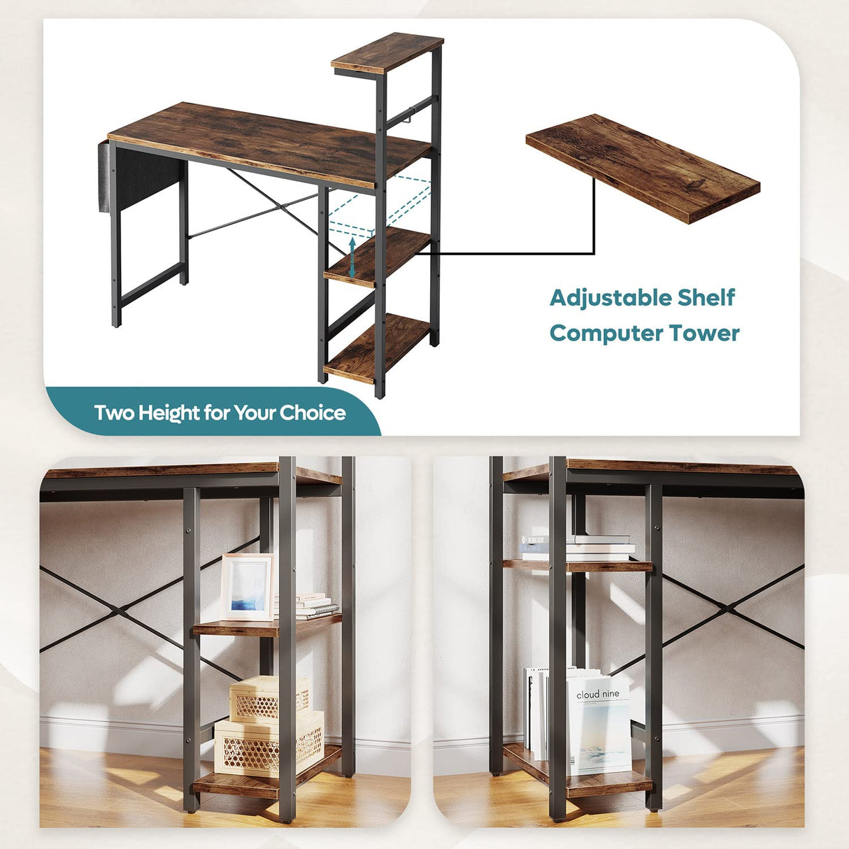 Bestier Computer Desk with LED Lights, Gaming Desk with 4 Tier Shelves, 44 Inch Office Desk with Storage Bag & Printer Shelf (Rustic Brown) Bestier