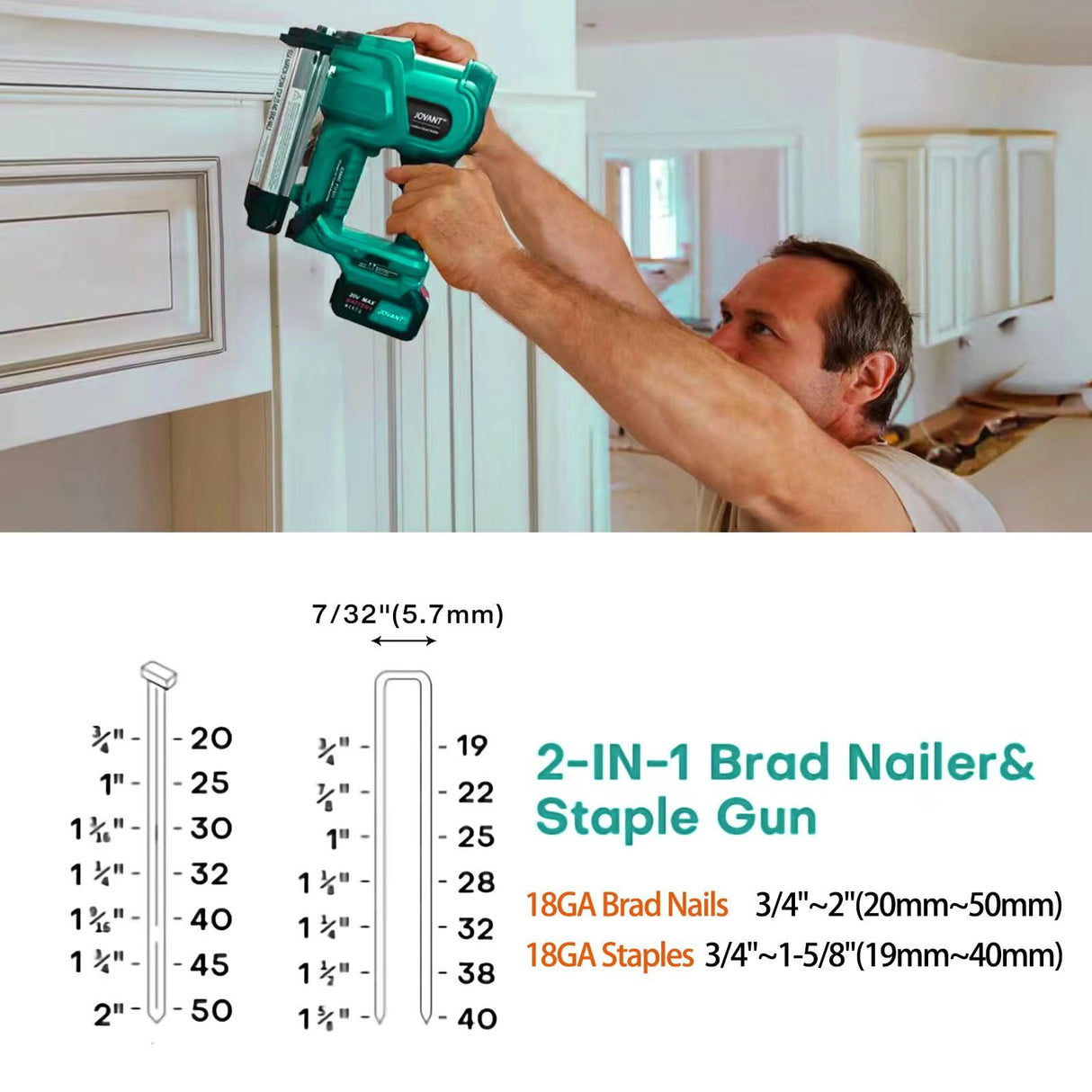 2 in 1 Brad Nailer Cordless for JOVANT 20V Battery, 18 Gauge Brad Nailer, Battery Nail Gun with Staple Remover, 2240pcs Nails/Staples for Upholstery,Carpentry and Woodworking (Tools Only) jovant