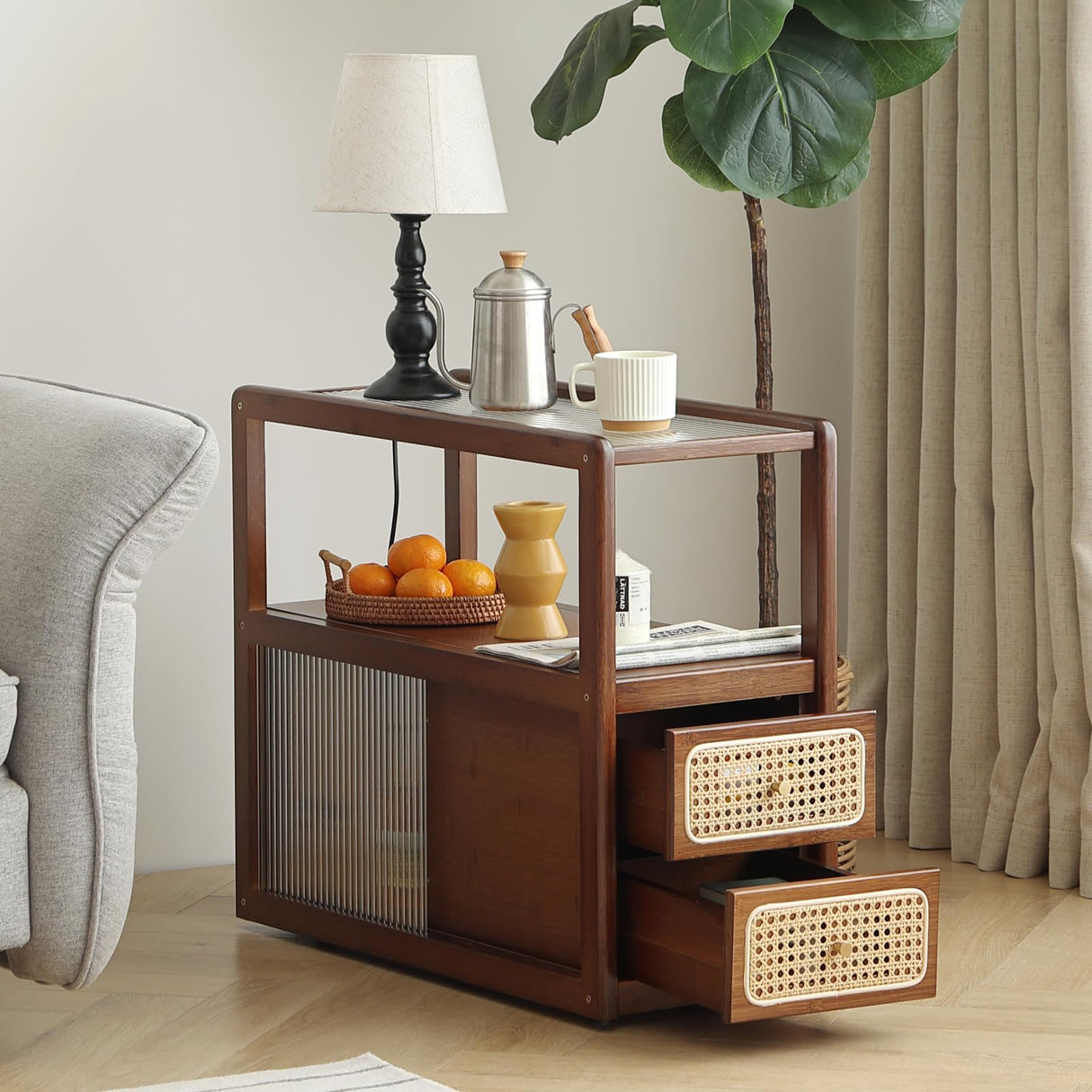 Furlide Rattan Side Table with Storage, Bamboo Nightstand Bedside Table, Glass Mid Century Modern End Tables for Small Spaces, Living Room, Bedroom，Walnut Furlide