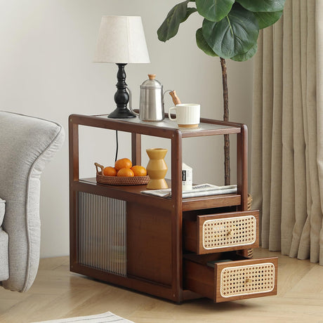 Furlide Rattan Side Table with Storage, Bamboo Nightstand Bedside Table, Glass Mid Century Modern End Tables for Small Spaces, Living Room, Bedroom，Walnut Furlide