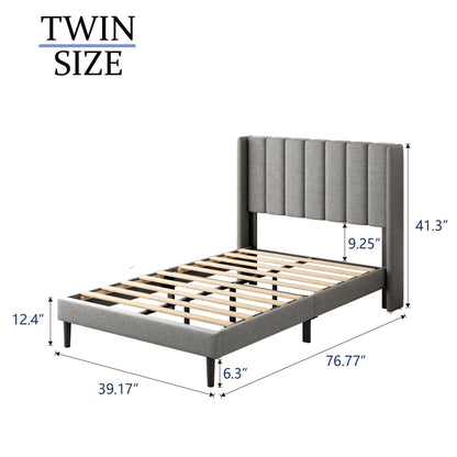 Gruwans Twin Bed Frames with Wingback Headboard, Upholstered Platform Beds, No Box Spring Needed Sturdy Wooden Slat Support, Easy Assemble, Light Gray