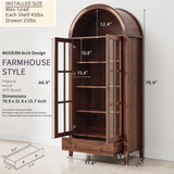 Farmhouse Arched Cabinet with Glass Doors, Wood Display Cabinet with Drawer and Adjustable Shelves, 71” Kitchen Pantry Tall Bookshelf Modern China Cabinet for Living Room,Office (Rustic Brown) RowyPoey