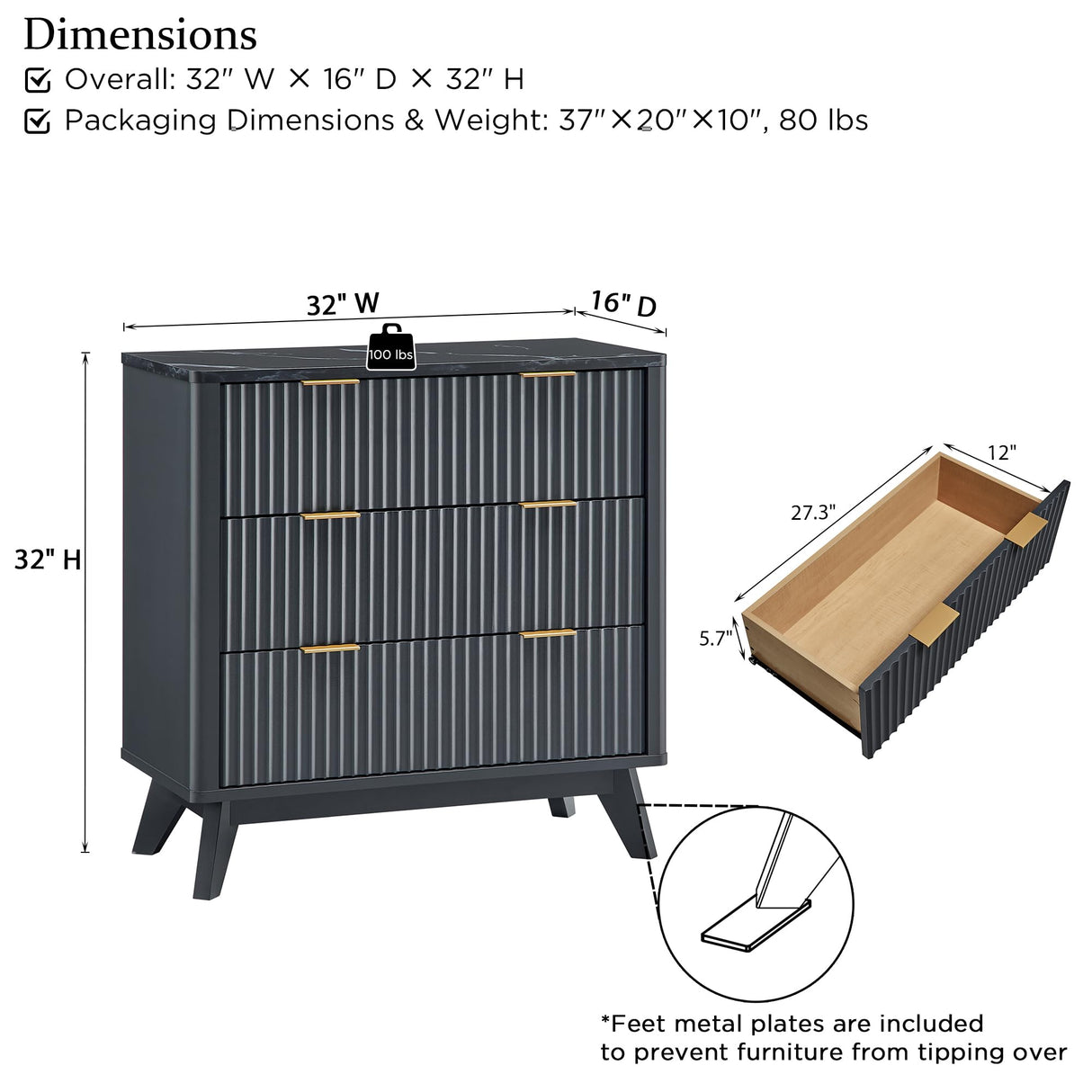 T4TREAM 32" Tall Fluted Nightstand, Modern Side Table with Faux Marble Top, 3 Drawers End Table w/Storage, Bedside Table for Bedroom, Living Room, Curved Profile Design, Dark Grey T4TREAM