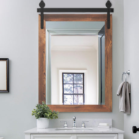 YOSHOOT Farmhouse Barn Door Mirror, 32"x24" Rustic Wood Framed Wall Mirror, Wall Mounted Vintage Mirror, Wooden Farmhouse Style Mirror for Bathroom Living Room Entryway, Brown, Vertical Hanging ONLY YOSHOOT