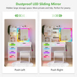 HNEBC Vanity Desk with Sliding Mirror and LED Lights, RGB Vanitys with Charging Station, Makeup Vanity with Remote Control, White Dresser with Stool/Lager Drawers for Bedroom (White) HNEBC