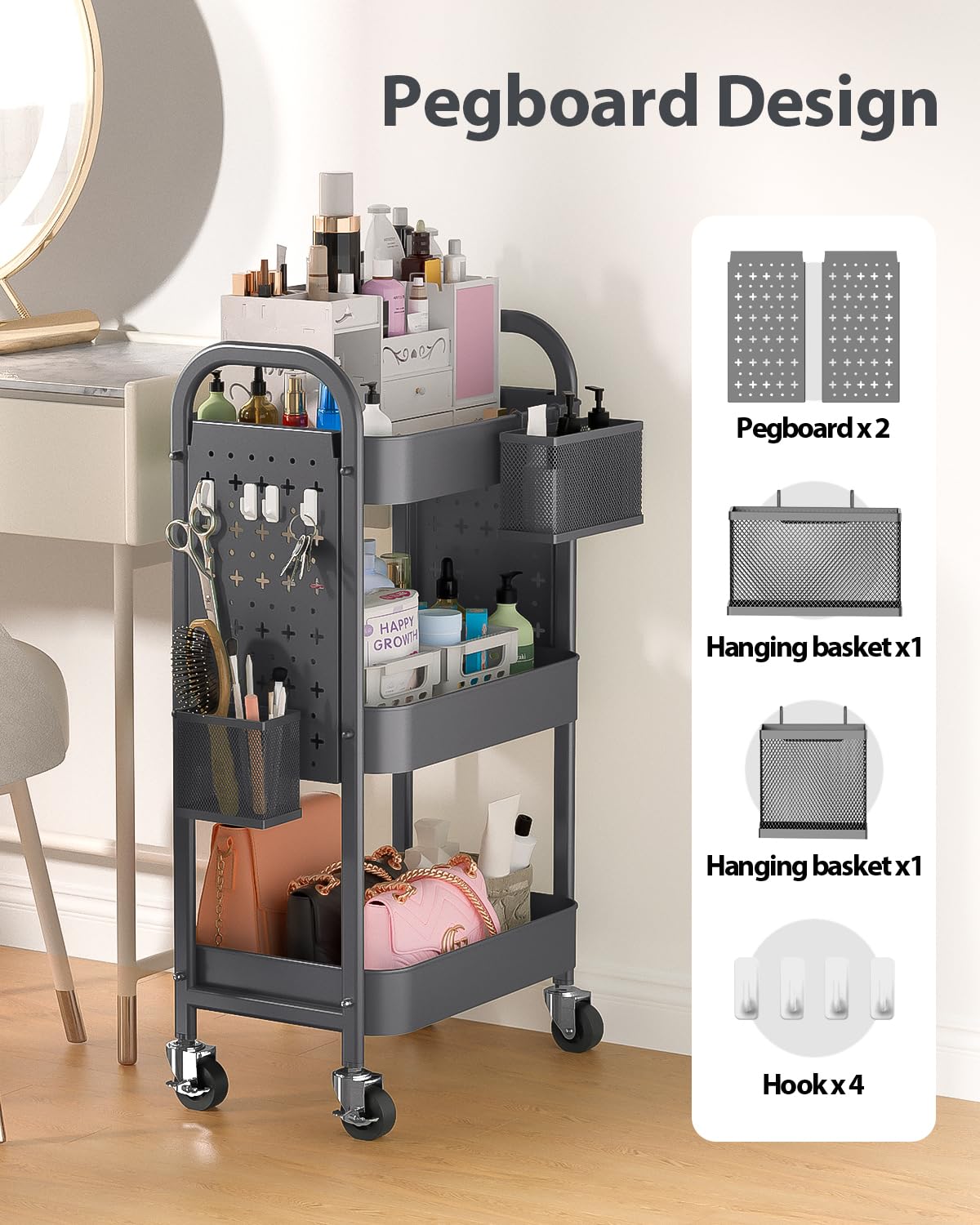 ALVOROG 3 Tier Rolling Cart with DIY Pegboards Metal Utility Cart with Wheels Handles Baskets Hooks, Storage Cart for Office Kitchen Bathroom(Gray) ALVOROG