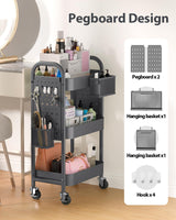 ALVOROG 3 Tier Rolling Cart with DIY Pegboards Metal Utility Cart with Wheels Handles Baskets Hooks, Storage Cart for Office Kitchen Bathroom(Gray) ALVOROG