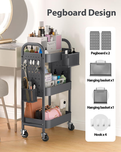 ALVOROG 3 Tier Rolling Cart with DIY Pegboards Metal Utility Cart with Wheels Handles Baskets Hooks, Storage Cart for Office Kitchen Bathroom(Gray)