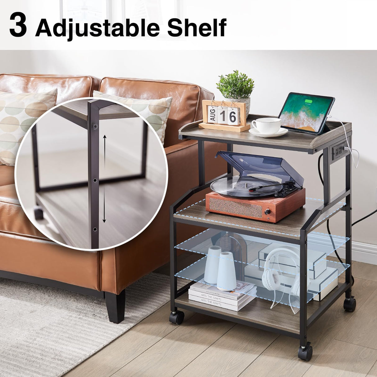 Lauren&Harold 3-Tier Printer Stand with Storage Printer Table with Charging Station and USB Ports, Rolling Printer Cart with Adjustable Shelf, Large Printer Stand with Wheels for Home Office Lauren Harold