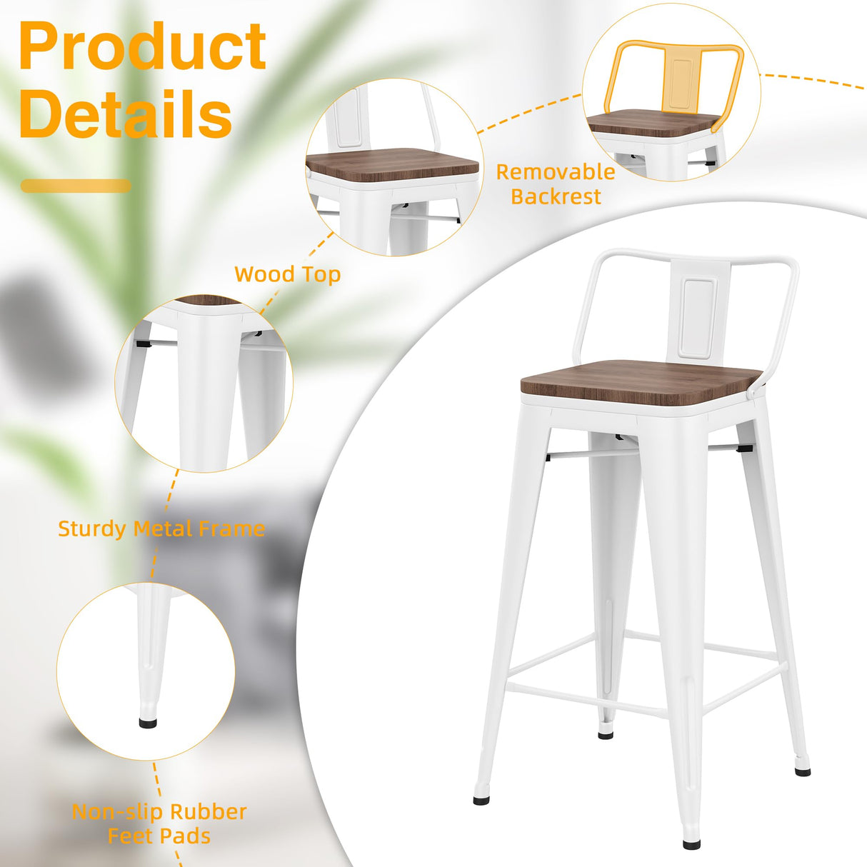 Yongchuang 26 inch Metal Bar Stools Set of 4 Counter Height Barstools Farmhouse Kitchen Bar Chairs with Wood Seat Low Back Cream White Yongchuang