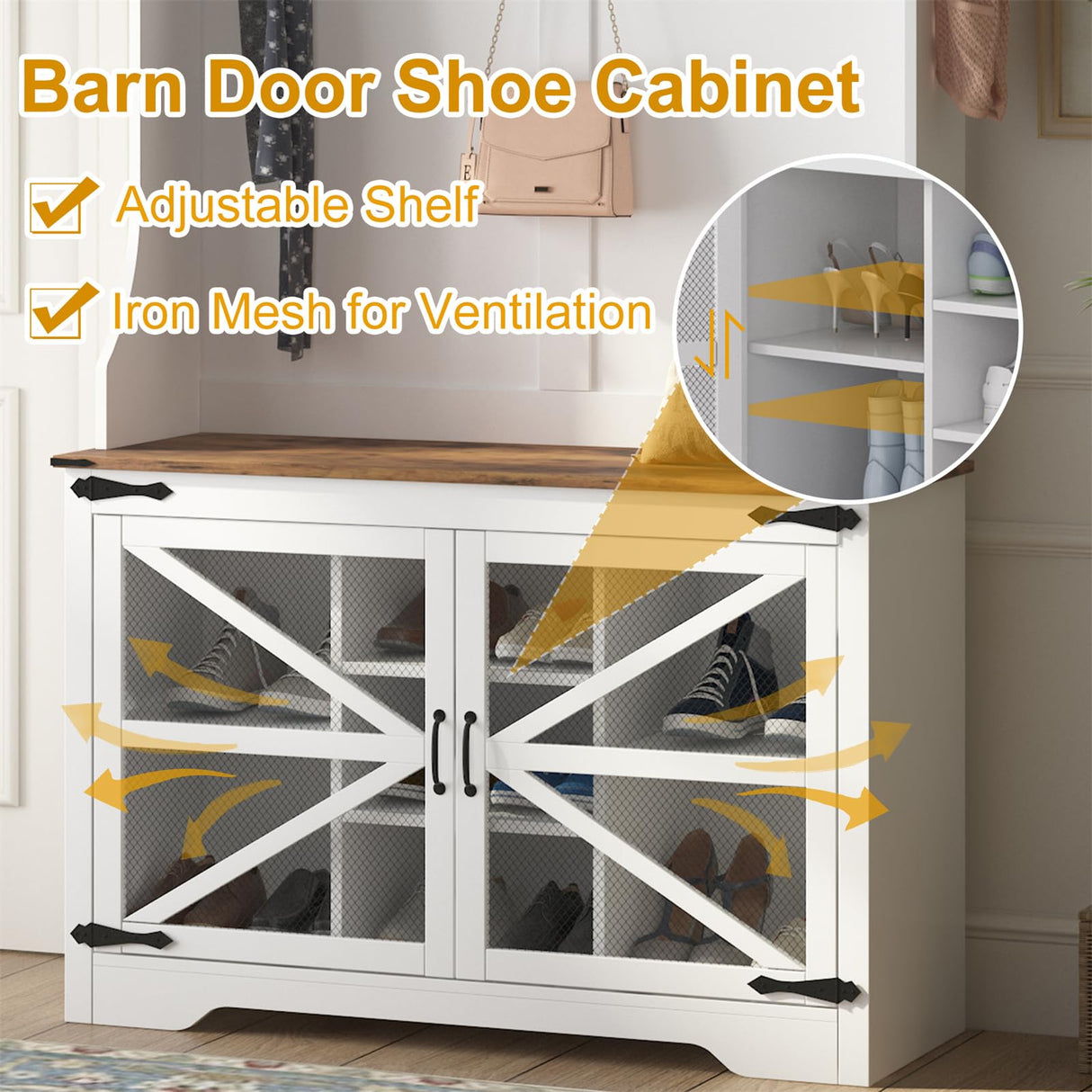 MilleLoom Hall Tree with Shoe Storage, 4-in-1 Coat Rack with 7 Shoe Cubbies & 7 Coat Hooks, Farmhouse Entryway Bench Mudroom Storage Cabinet for Hallway, 42" W x 15.7" D x 77" H, White MilleLoom