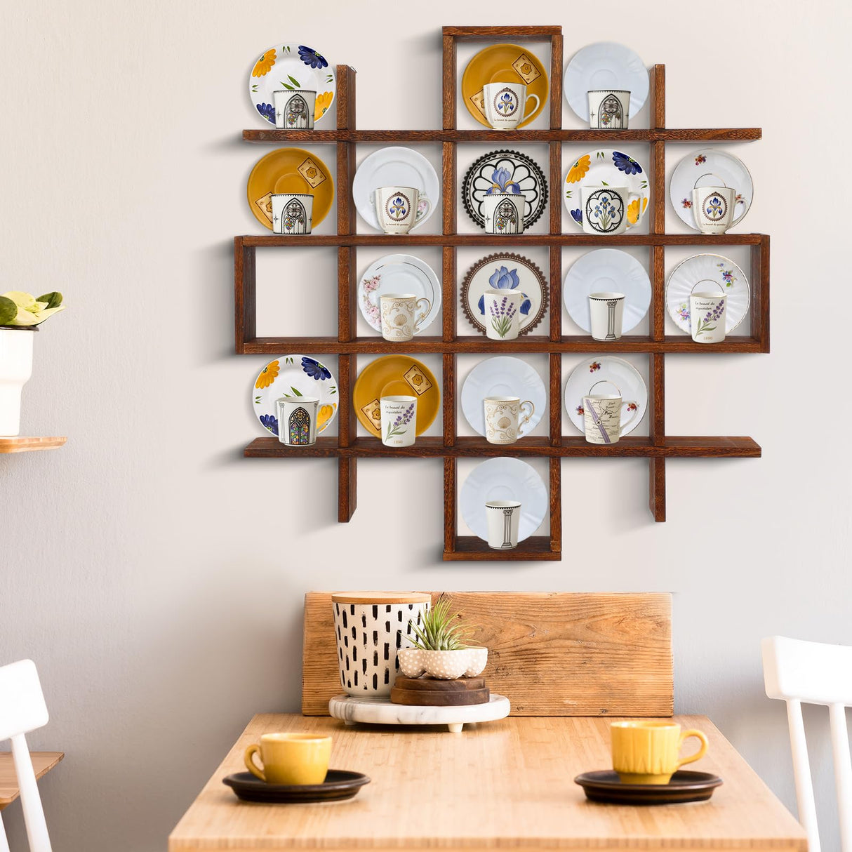 Suzile Oversize Tea Cup and Saucer Display Rack Rustic Brown Wooden Display Shelves Rustic Wooden Floating Curio Shelf Travel Wall Mounted Tea Cup and Saucer Rack Holder Shadow Box Shelf Suzile