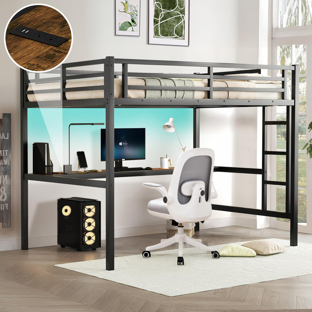 XUWANSHANG Loft Bed Twin XL Size with Desk, Metal Heavy Duty Loft Bed with LED Lights, USB Port, Twin XL Loft Bed Frames for Kids, Junior, Adults, Space Saving, Noise Free (Black, Twin XL) XUWANSHANG