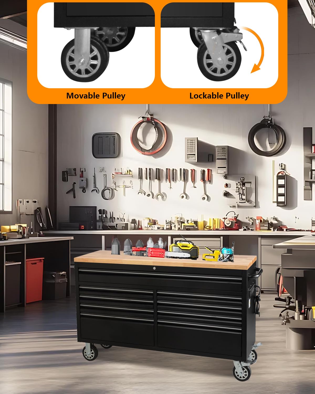 ExploreHorizon 61" Rolling Tool Chest with Rubber Wood Top - 9-Drawer Mobile Workbench, Lockable Metal Storage Cabinet with 4 Heavy-Duty Wheels for Garage Workshops, Black ExploreHorizon