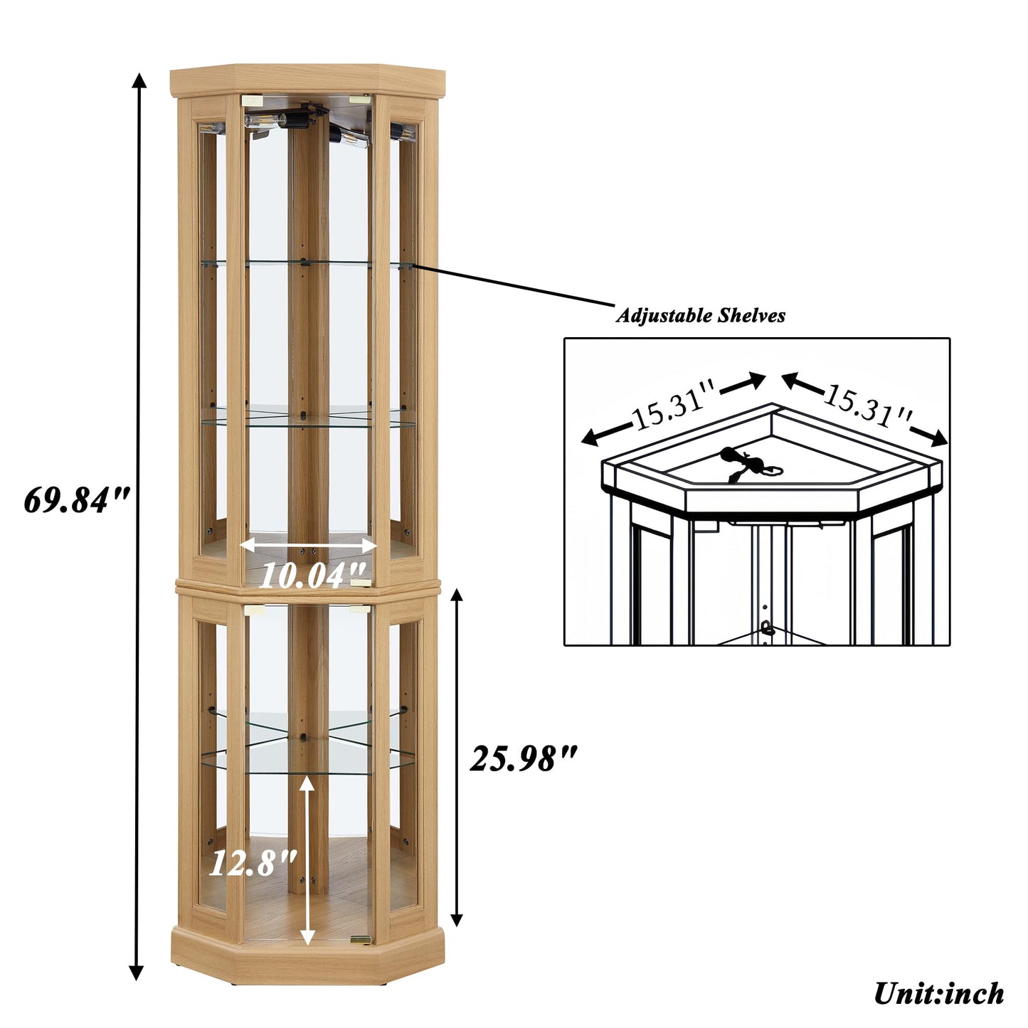 XZTUAJ Corner Curio Cabinet Display Case with Light, 69" H Glass Display Cabinet, Display Showcase Case Storage with Tempered Glass Door & Adjustable Glass Shelves for Living Room (Light Oak)