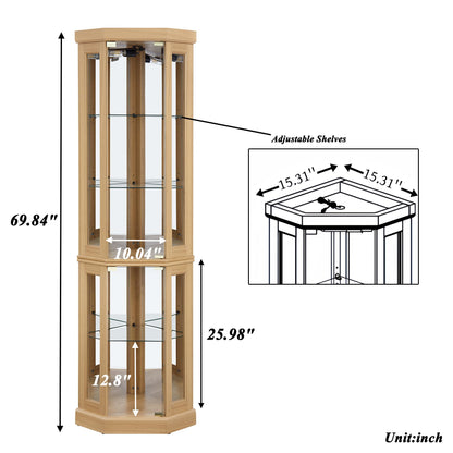 XZTUAJ Corner Curio Cabinet Display Case with Light, 69" H Glass Display Cabinet, Display Showcase Case Storage with Tempered Glass Door & Adjustable Glass Shelves for Living Room (Light Oak)