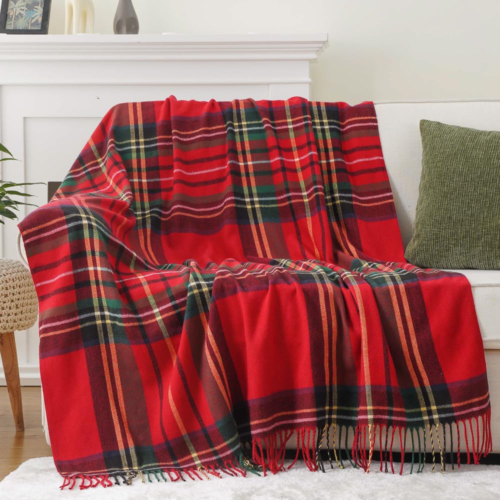 BATTILO HOME Christmas Red Plaid Throw Blanket for Couch, Bed, Super Soft Red Plaid Blankets,Soft Christmas Decorative Throw with Tassels 50"x60" BATTILO HOME
