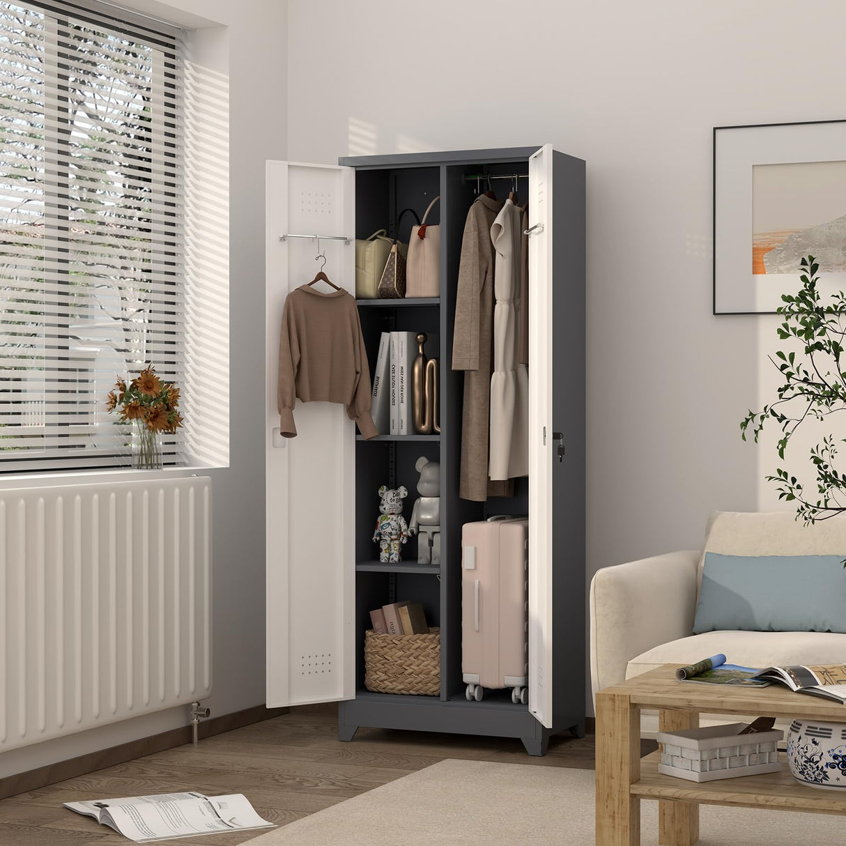 GREATMEET 65" H Broom Closet, Broom Closet Cabinet with Pegboard and Hanging Rod, Cleaning Tool Storage Cabinet, Tall Metal Utility Closet with Locking Doors for Bathroom, Garage GREATMEET