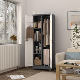 GREATMEET 65" H Broom Closet, Broom Closet Cabinet with Pegboard and Hanging Rod, Cleaning Tool Storage Cabinet, Tall Metal Utility Closet with Locking Doors for Bathroom, Garage GREATMEET