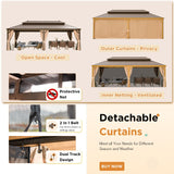 YOLENY 14'x24' Gazebo, Wooden Finish Coated Aluminum Frame Pergola with Double Galvanized Steel Hardtop Roof, Outdoor Permanent Metal Pavilion with Curtains and Nettings for Patio, Backyard and Deck YOLENY