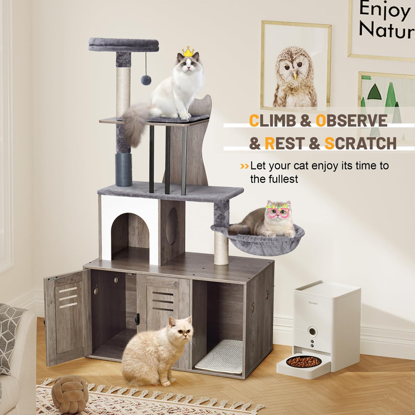 Snughome Cat Tree with Litter Box Enclosure Furniture, 2-in-1 Modern Cat Tower for Indoor Cats, 58.66’’ Wood Cat Condo with Scratching Post and Hammock, Indoor Cat Furniture with Large Platfo - WoodArtSupply