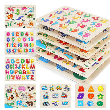 GRINNNIE Wooden Peg Puzzle for Toddlers, 6 Pack Toddler Puzzles Set for 3 4 5 Years Old (Alphabet Number Shape Animal Dinosaur Vehicle), Preschool Education Learning Puzzle Toys for Girls and Boys GR GRINNNIE