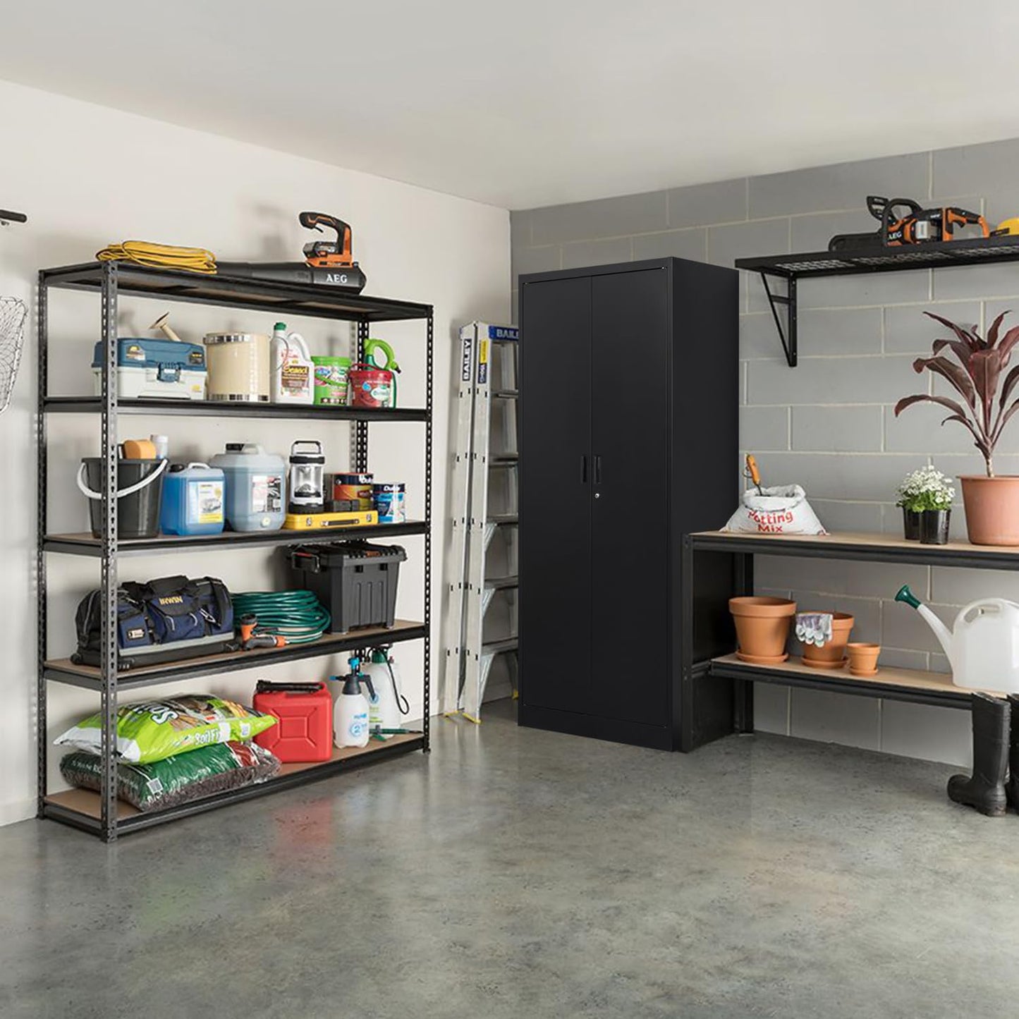 Metal Storage Cabinets with Locking Doors and Adjustable Shelves, Steel Storage Cabinet for Garage, Office, Classroom - Black - WoodArtSupply