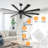 ELEHINSER 72" Ceiling Fan No Light, 6-Speed Noiseless Reversible DC Motor, 9 Blades Black Industrial Ceiling Fan with Remote and 4.5"/12"/24" Downrods for Home or or Commercial Use ELEHINSER