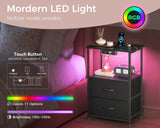 Casaottima Night Stand with Charging Station and LED Lights, End Table for Bedroom with 2 Fabric Drawers, Small Nightstand with Storage Shelf, Bed Side Bedside Table, Black Casaottima