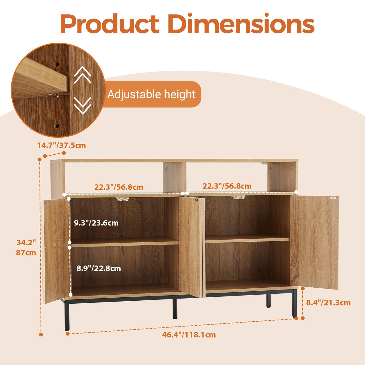 Mericonia Farmhouse Buffet Sideboard Cabinet with Storage, Fluted Natural Coffee Bar Station Table with Doors and Adjustable Shelves, Modern Wood Cupboard for Kitchen, Livingroom, Entryway Mericonia