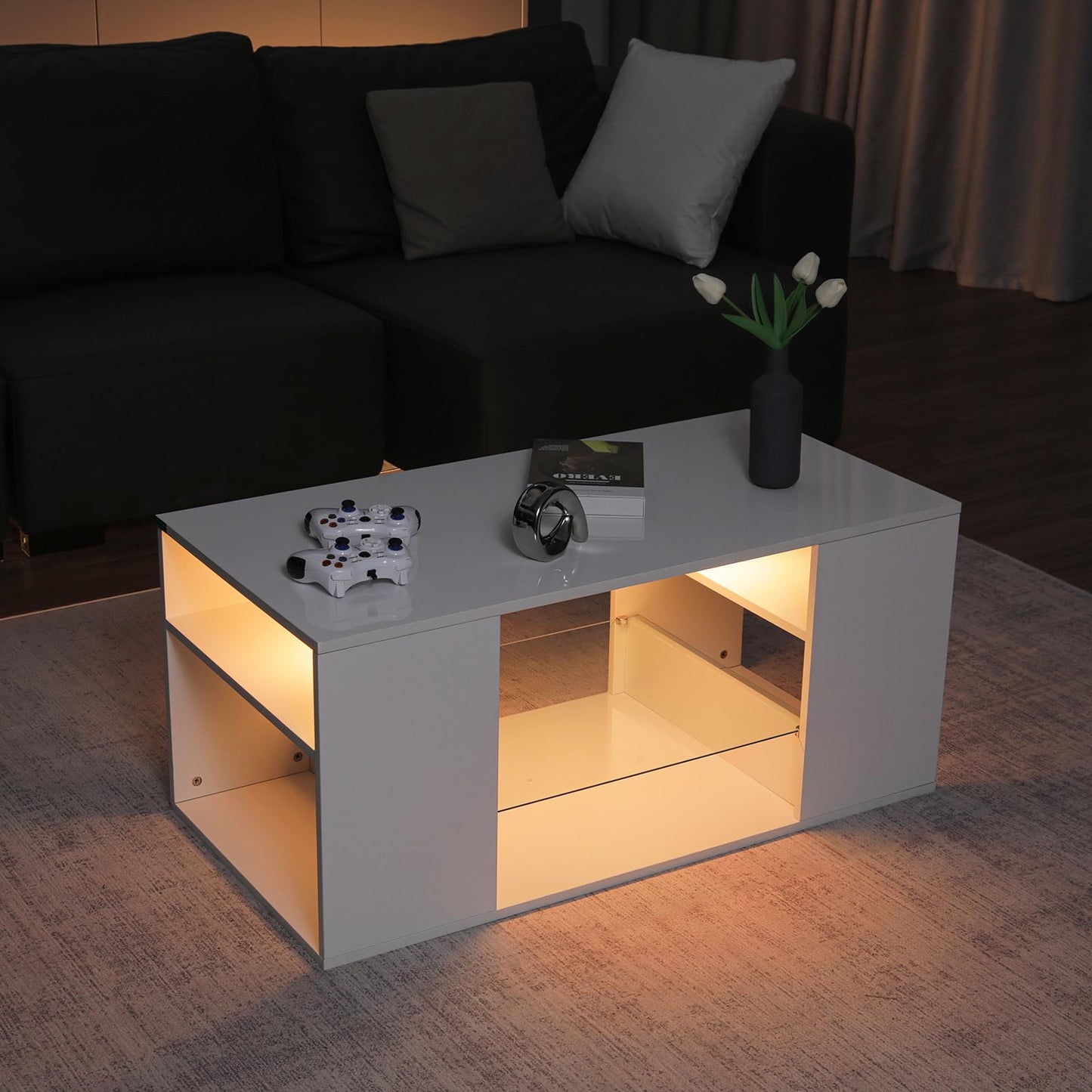 LED Coffee Tables for Living Room Modern Coffee Table White with 3 Shelves Open Glass Storage High Glossy Center Table Sofa Cocktail Table with LED Lights for Home Furniture - WoodArtSupply