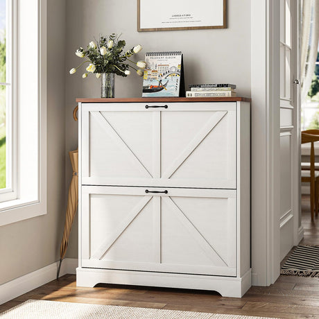 Smart FENDEE Shoe Storage Cabinet with 2 Flip Drawers, Narrow Entryway Organizer, Farmhouse Style with Wooden Feet, Slim Shoe Rack, White Smart FENDEE