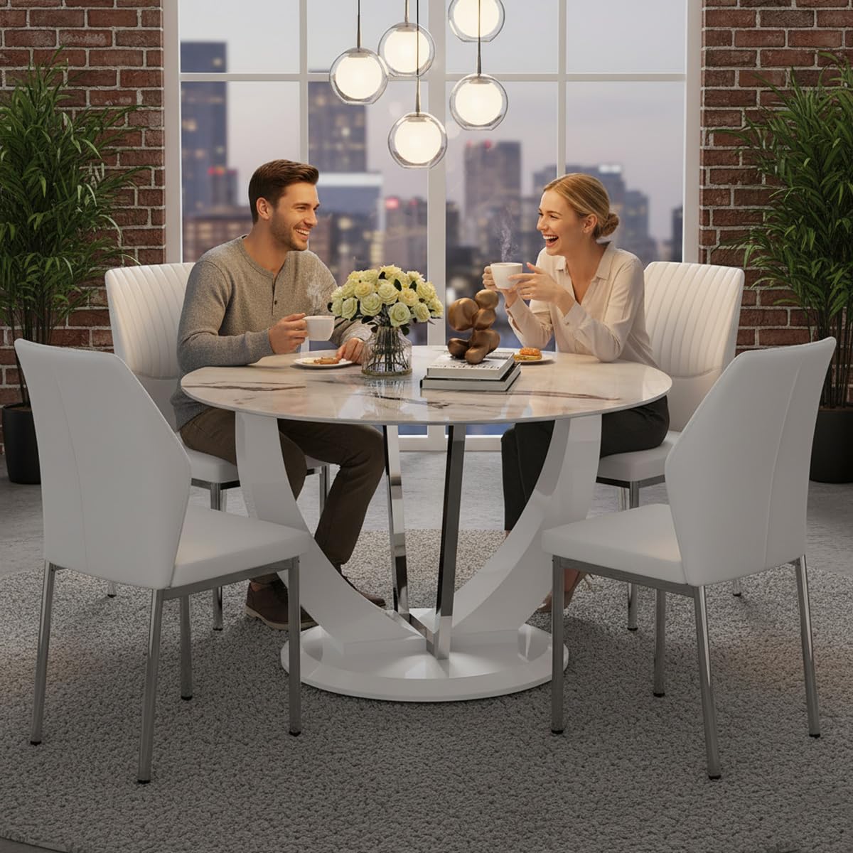 TesNus Round Dining Table Set for 4 with Chairs,Marble Top Pedestal Table and White Faux Leather Chairs, Modern Circular Kitchen Dining Table Set for Apartment, Modern Home,New House for 4 People TesNus