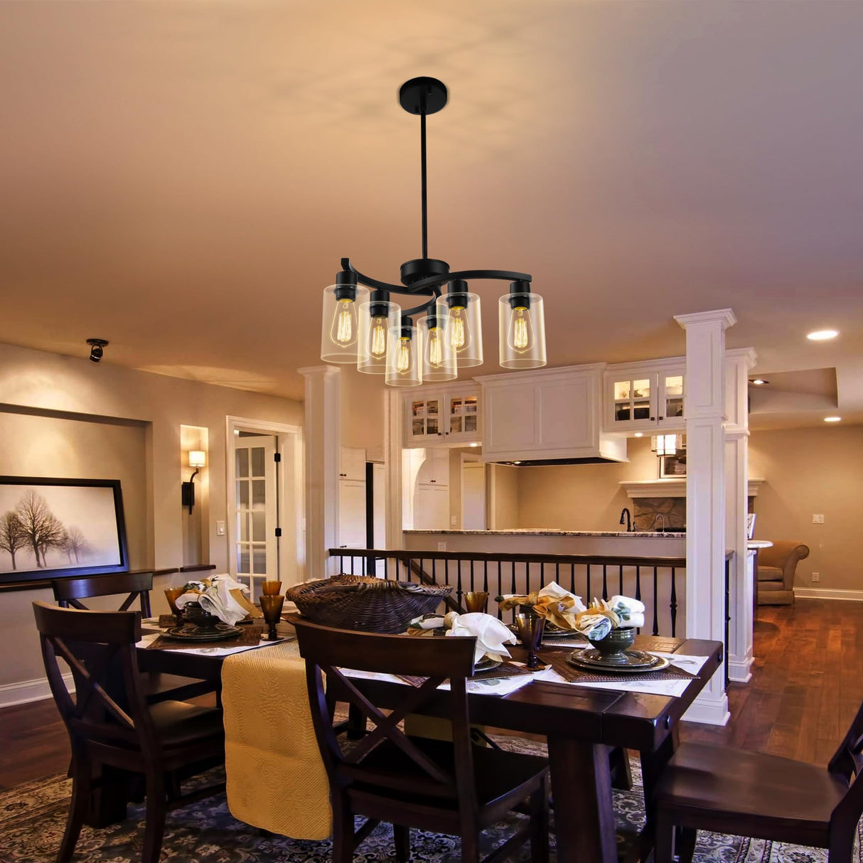 CNRATYE 6-Light Modern Farmhouse Black Chandelier, Contemporary Dining Room Light Fixture, Adjustable Height Hanging Industrial Pendant Lights Kitchen Island, Clear Glass Shade CNRATYE