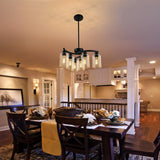 CNRATYE 6-Light Modern Farmhouse Black Chandelier, Contemporary Dining Room Light Fixture, Adjustable Height Hanging Industrial Pendant Lights Kitchen Island, Clear Glass Shade CNRATYE