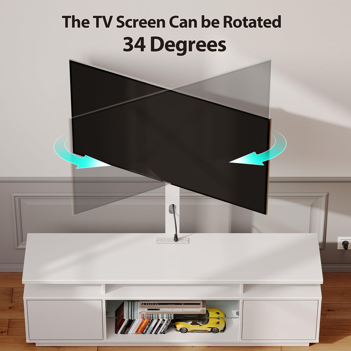 Rolanstar TV Stand with Mount and Power Outlet 51.2", Swivel TV Stand Mount for 32/45/55/60/65/70 inch TVs, Height Adjustable Modern Entertainment Center with Storage & LED Lights, TV Table White Rolanstar